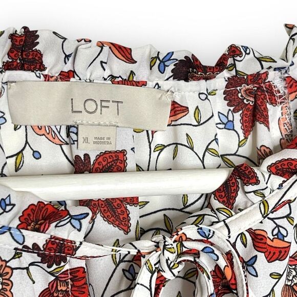 LOFT Loft White Red Floral Tie Front Flowy Top Blouse Short Sleeve Women Size XL - Picture 7 of 9